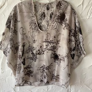 HELMET LANG  Beautiful Sheer Taupe/Dk Brown Bird print silk Cocoon Top